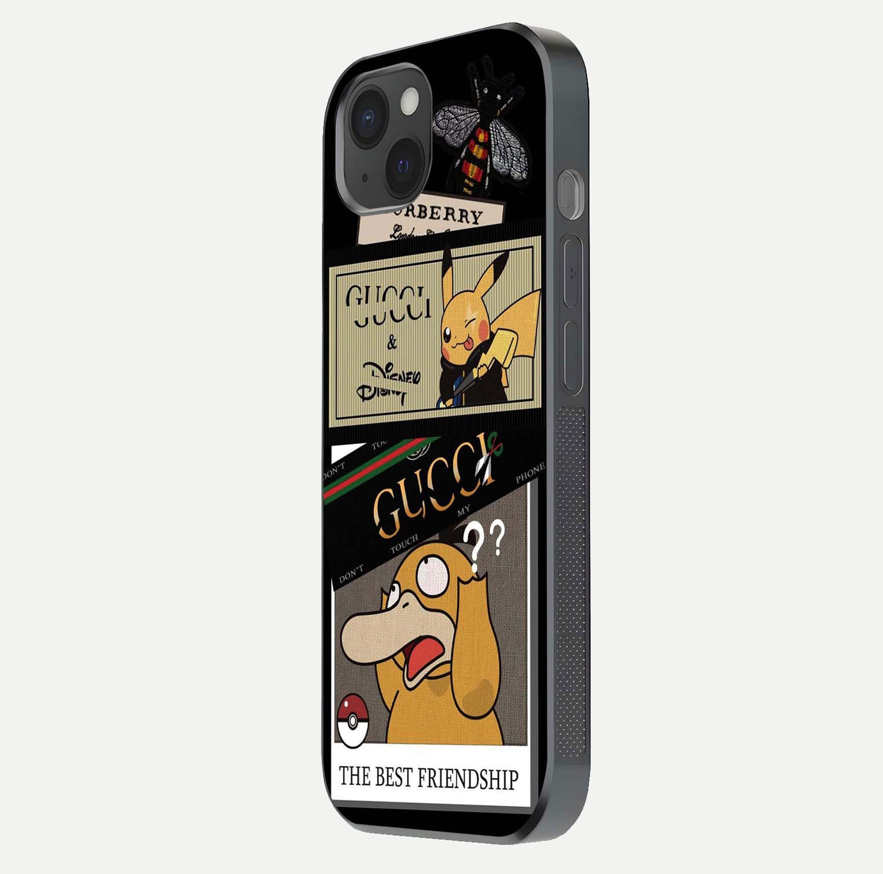 Cartoon Brand Play Mashup Glass Case for iPhone 15 Plus side-angle image showing reflection brightness and fun graphic mix