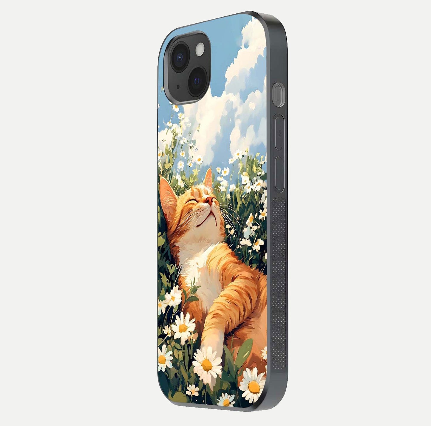 Cat & Flowers View Glass Case for iPhone 15 Plus side-angle image capturing cat print clarity and gloss tone