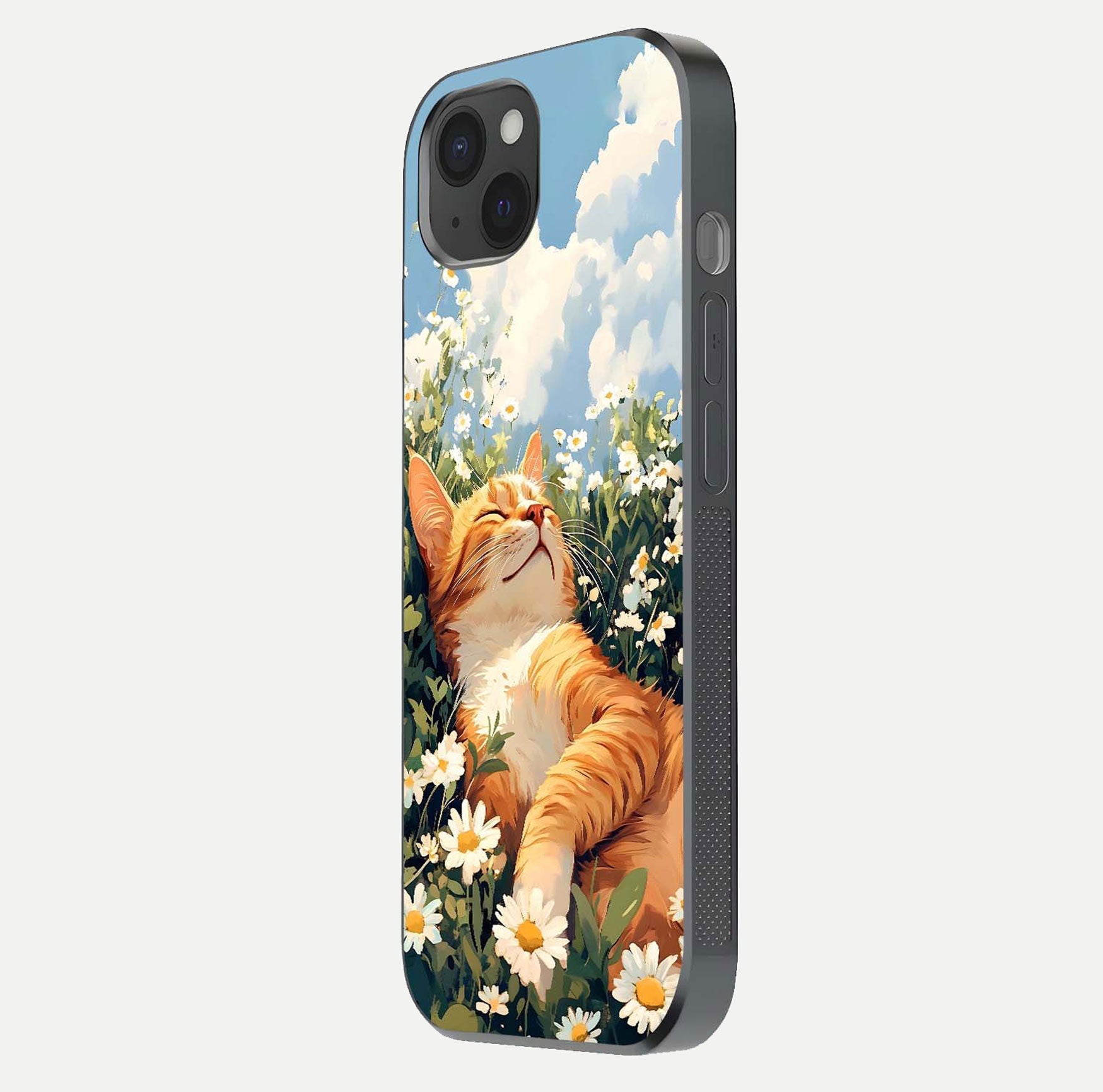 Cat & Flowers View Glass Case for iPhone 15 Plus side-angle image capturing cat print clarity and gloss tone