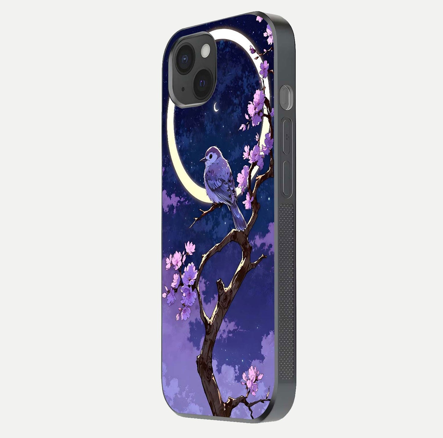 Celestial Bird Blossom Glass Case for iPhone 15 Plus side-angle image showing detailed wings and glossy polish
