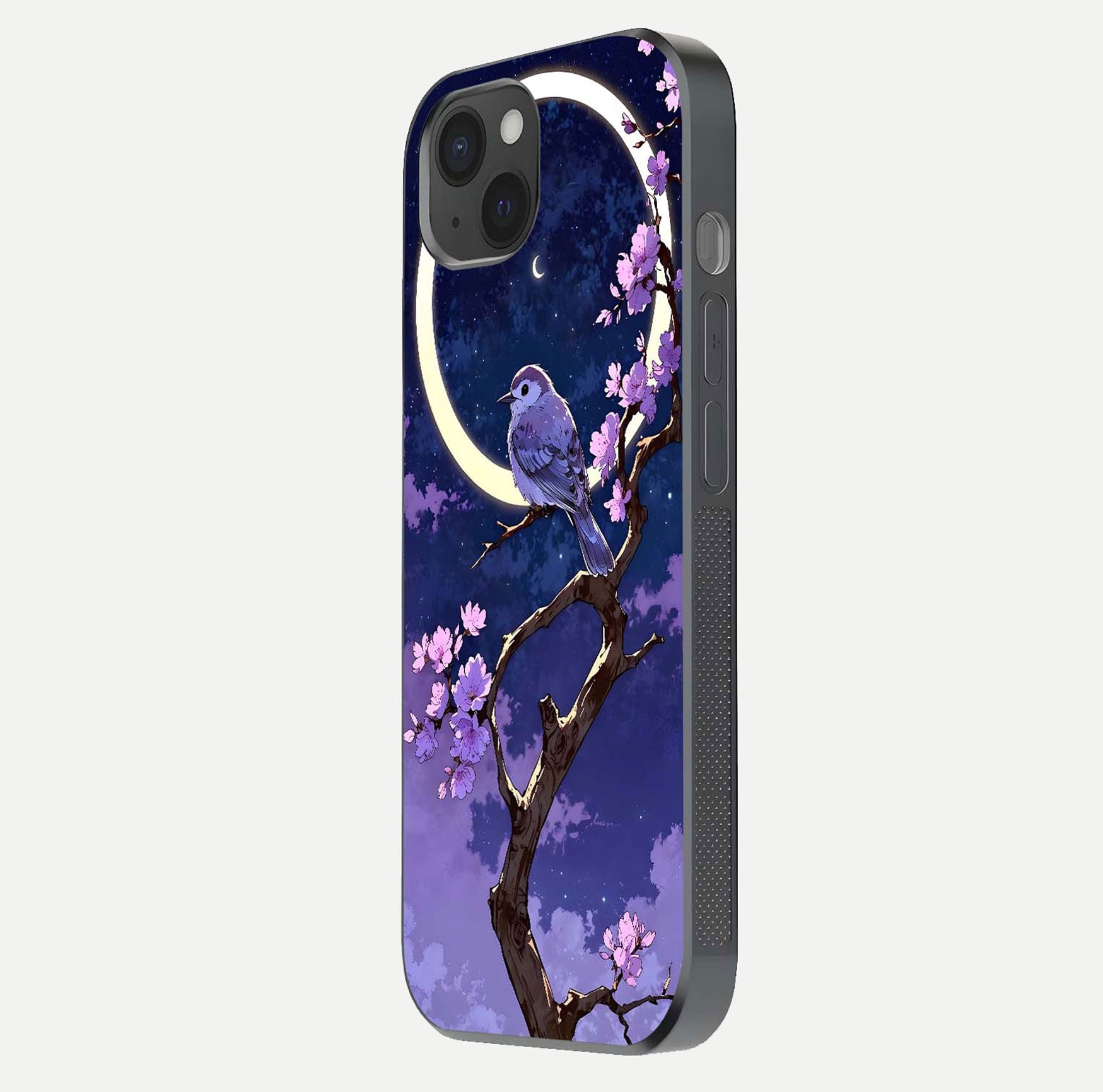 Celestial Bird Blossom Glass Case for iPhone 15 Plus side-angle image showing detailed wings and glossy polish