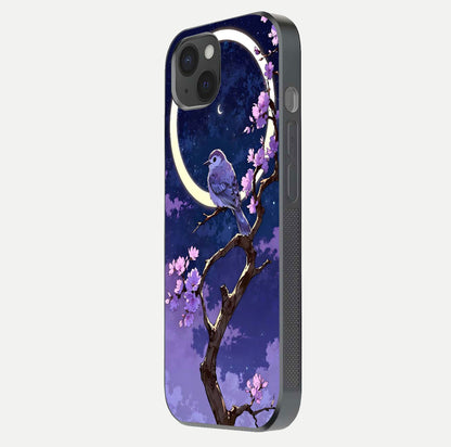 Celestial Bird Blossom Glass Case for iPhone 15 Plus side-angle image showing detailed wings and glossy polish
