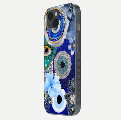 Celestial Blue Vision Glass Case for iPhone 15 Plus side-angle image capturing starlight shimmer and glass reflection