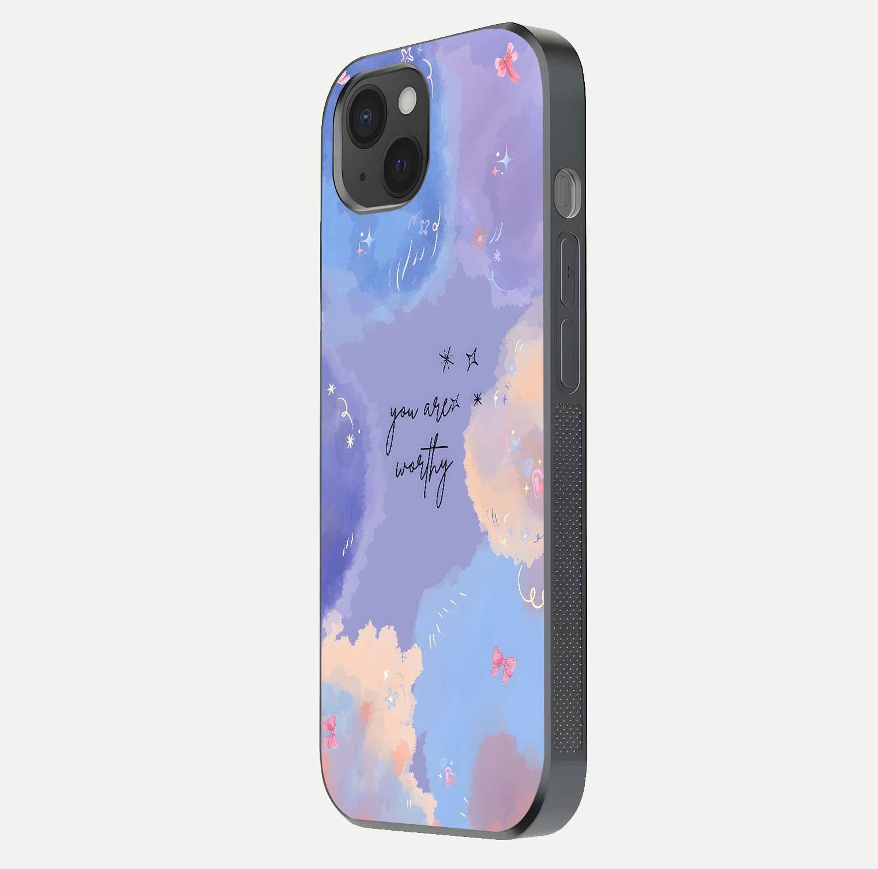 Celestial Cloud Magic Glass Case for iPhone 15 Plus side-angle photo showing edge reflection and dreamy texture