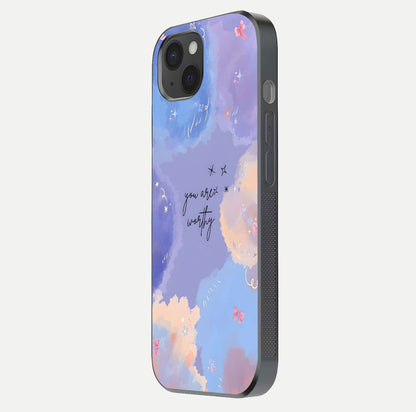 Celestial Cloud Magic Glass Case for iPhone 15 Plus side-angle photo showing edge reflection and dreamy texture