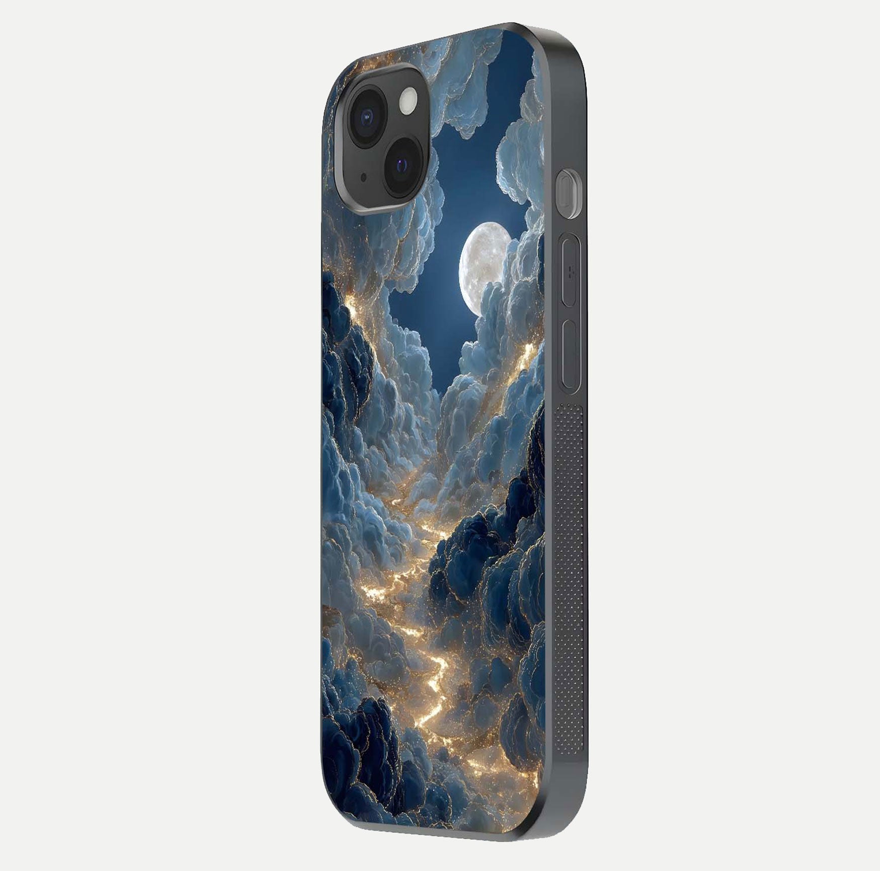 Celestial Cloud Road Glass Case for iPhone 15 Plus side-angle image showing soft pastel tones and edge clarity