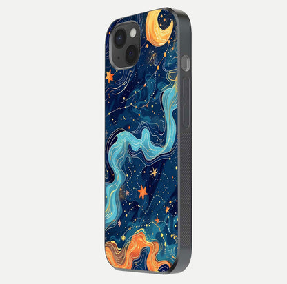 Celestial Dream Flow Glass Case for iPhone 15 Plus side-angle image capturing color swirl and glass reflection