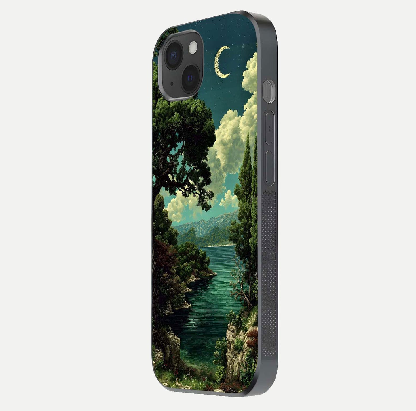 Celestial Lake Peace Glass Case for iPhone 15 Plus side-angle image displaying reflective glow and gentle edges