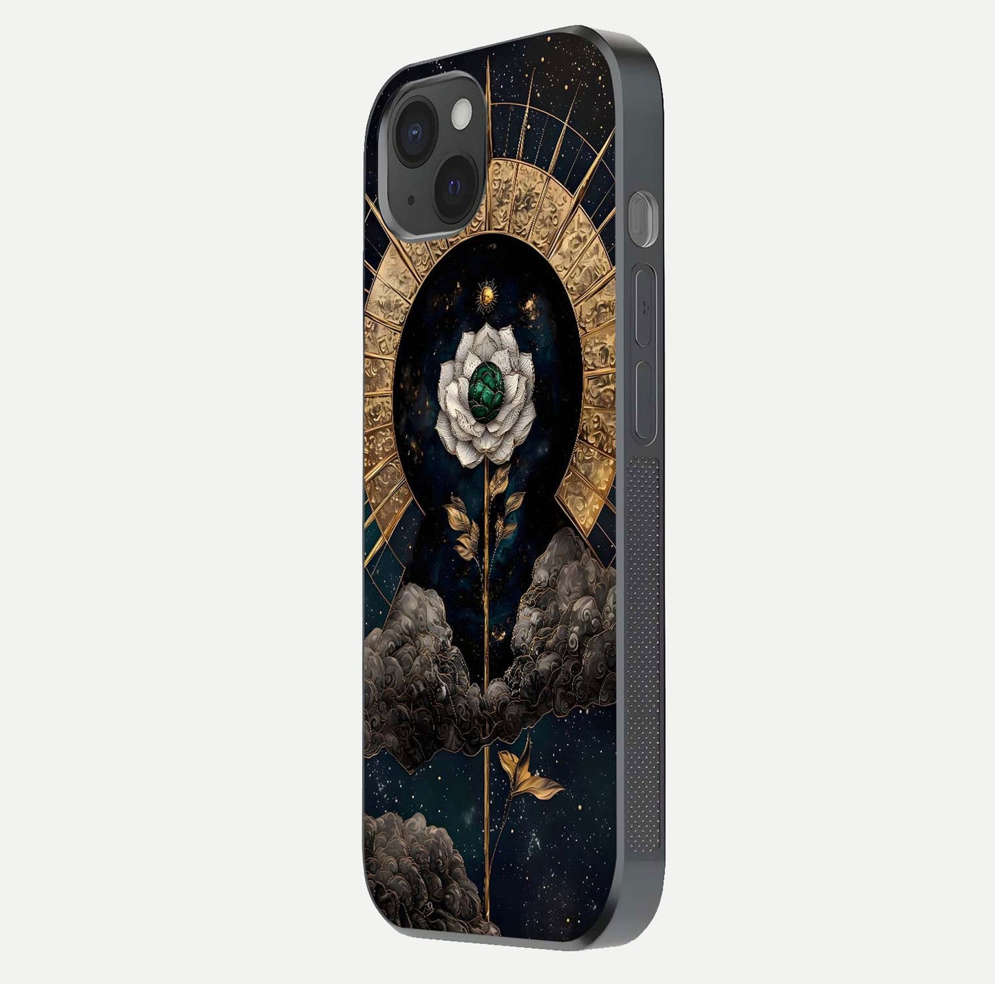 Celestial Lotus Morang Glass Case for iPhone 15 Plus side-angle image capturing shine and smooth curvature