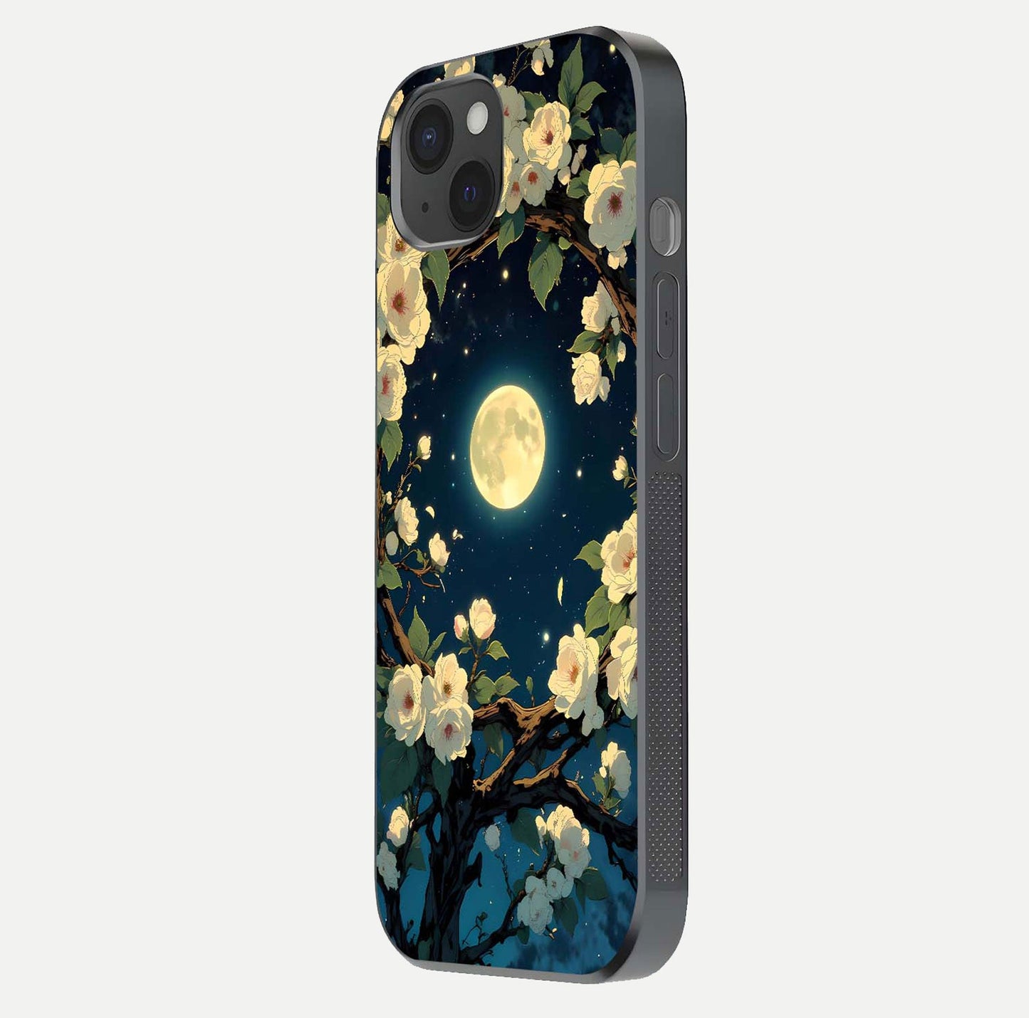 Celestial Moon & Flower Glass Case for iPhone 15 Plus side-angle image showing edge smoothness and glow reflection