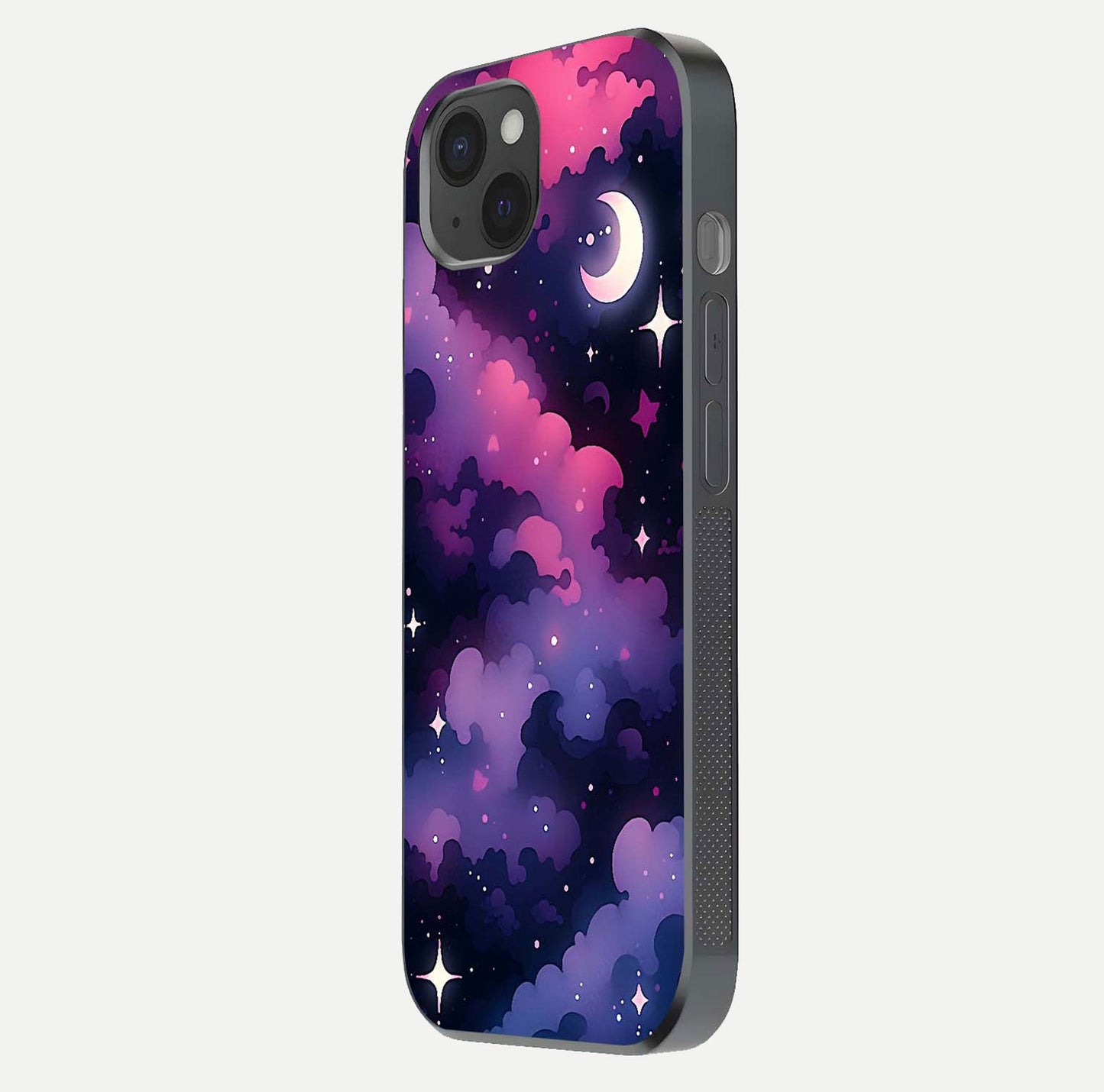 Celestial Moon Magic Glass Case for iPhone 15 Plus side-angle shot capturing soft reflection and curved gloss