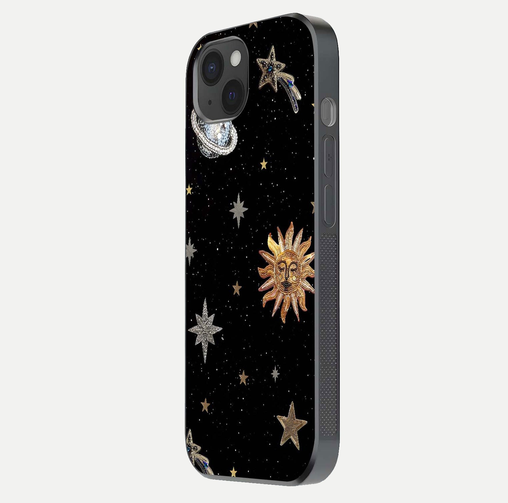 Celestial Moon With Stars Glass Case for iPhone 15 Plus side-angle view showing curved edges and shimmer glow