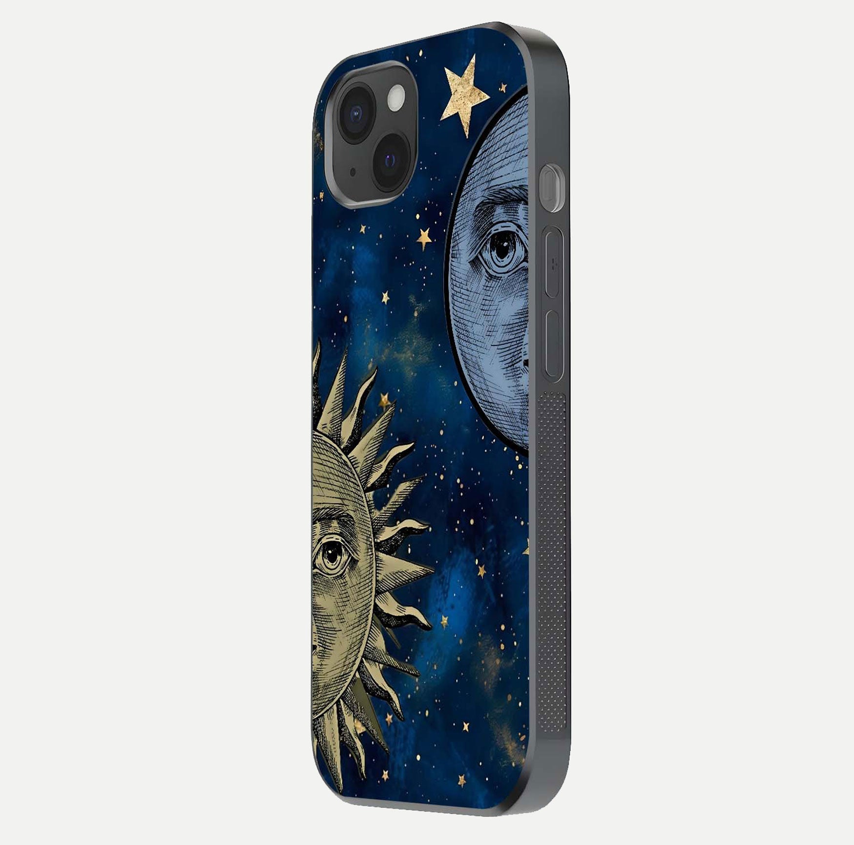Celestial Moon With Sun Glass Case for iPhone 15 Plus side-angle image showing reflection tones and cosmic edge