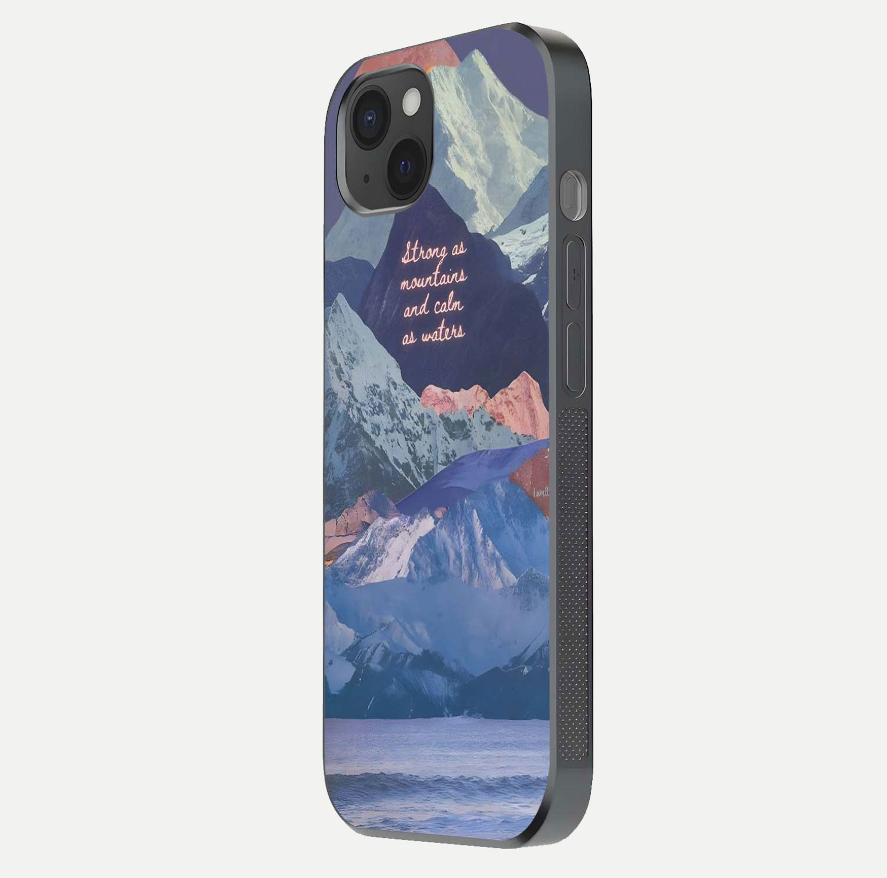 Celestial Mountain Calm Glass Case for iPhone 15 Plus side-angle image capturing mountain detail and shine gradient