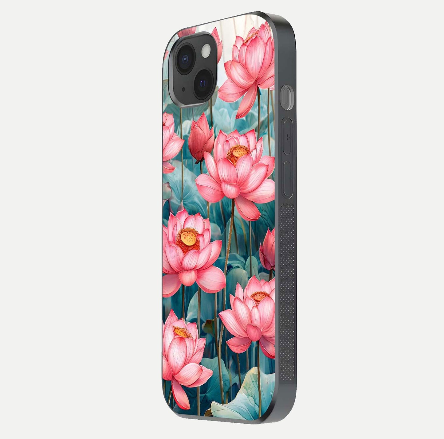 Celestial Pink Lotus Glass Case for iPhone 15 Plus side-angle image showing reflective shine and petal curve
