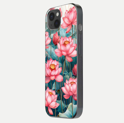 Celestial Pink Lotus Glass Case for iPhone 15 Plus side-angle image showing reflective shine and petal curve