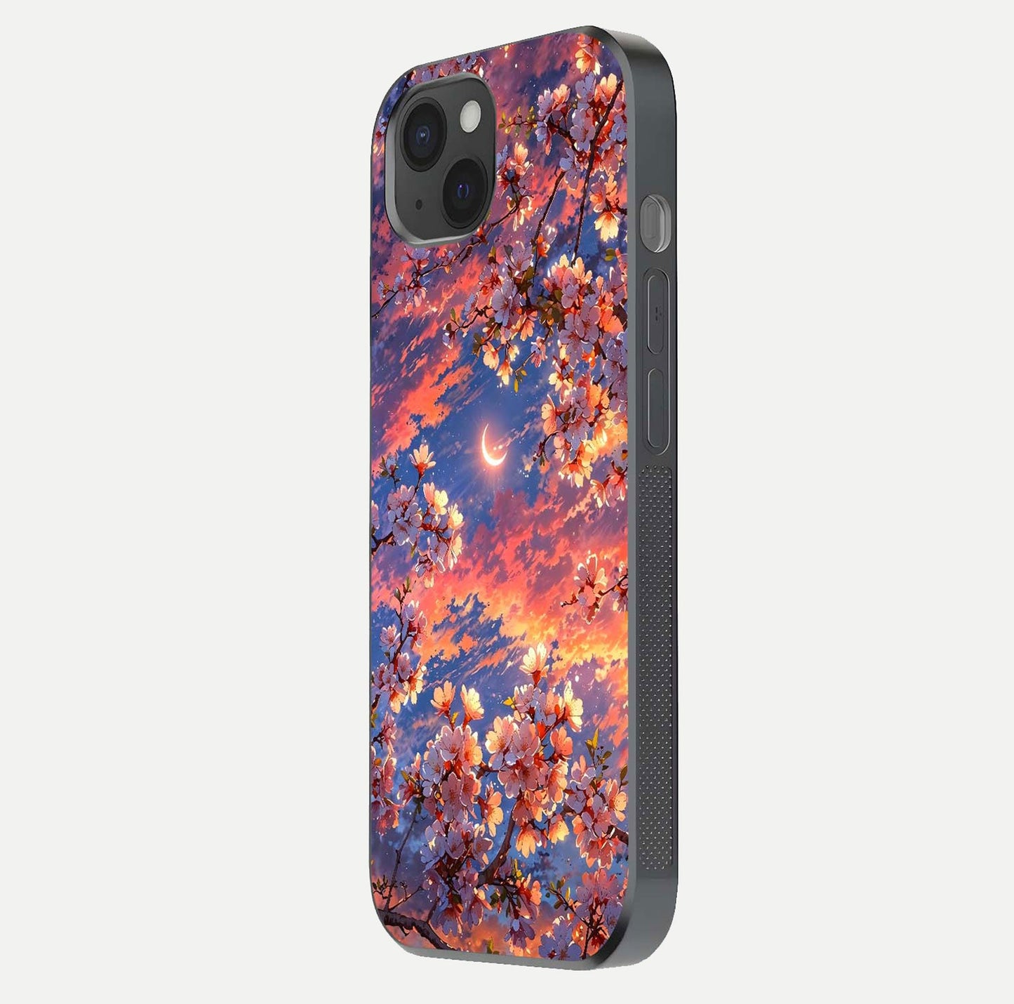 Celestial Sakura Sunset Glass Case for iPhone 15 Plus side-angle image showing edge glow and petal texture