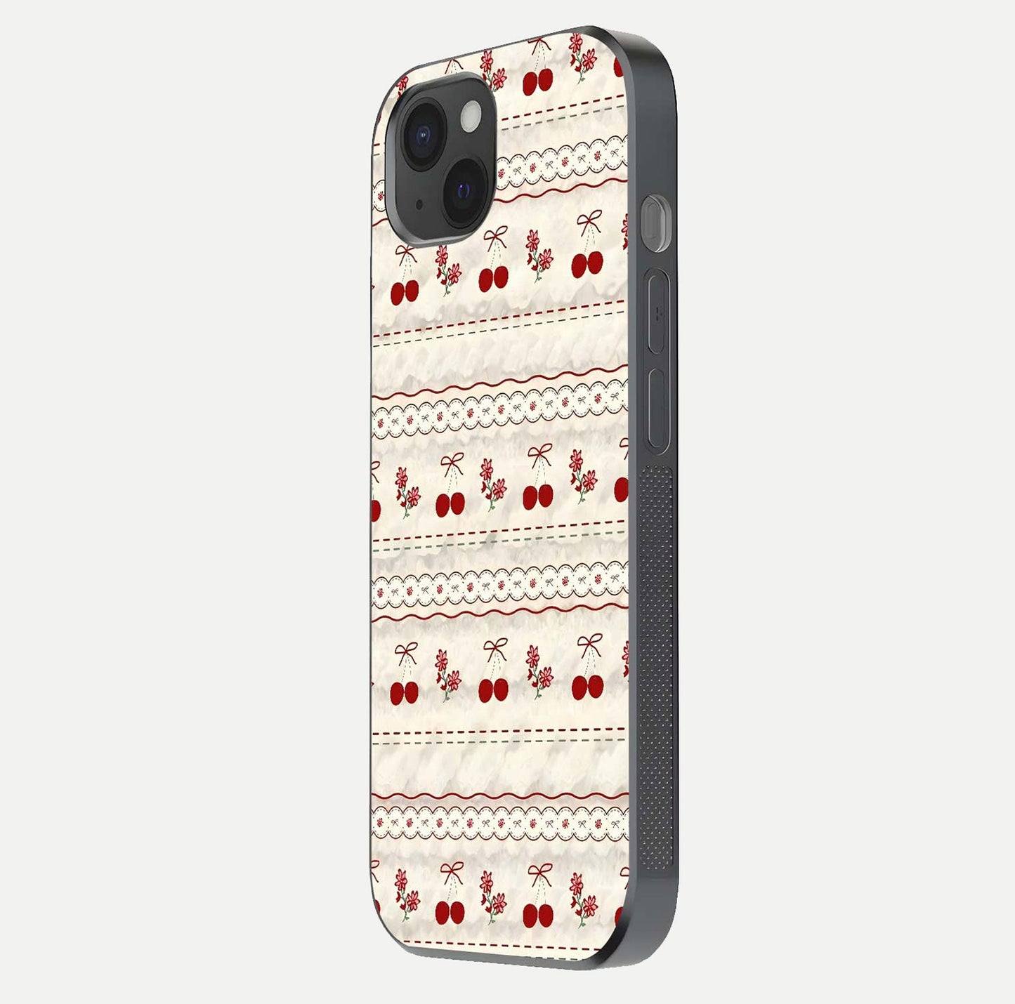 Cherry Bloom Charm Glass Case for iPhone 15 Plus side-angle photo showing flower detail and edge light