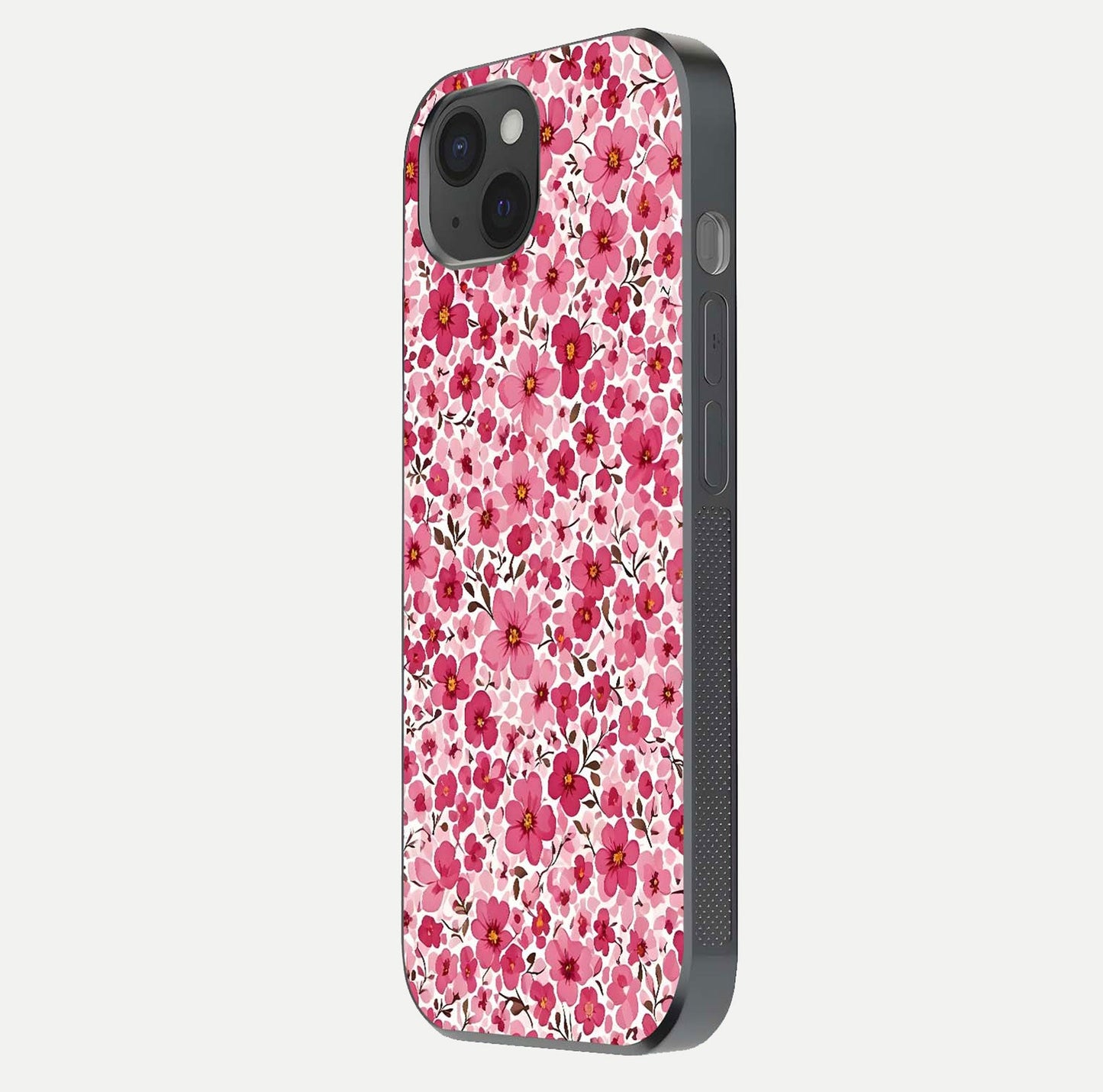 Cherry Blossom Charm Glass Case for iPhone 15 Plus side-angle image showing reflection gloss and soft texture