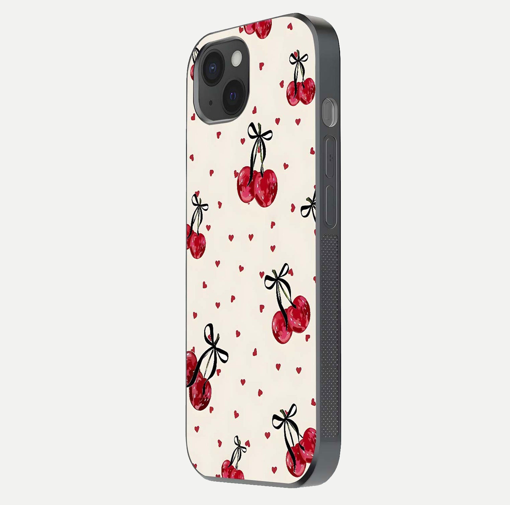 Cherry Heart Bow Glass Case for iPhone 15 Plus side-angle image capturing gloss texture and charm bow art