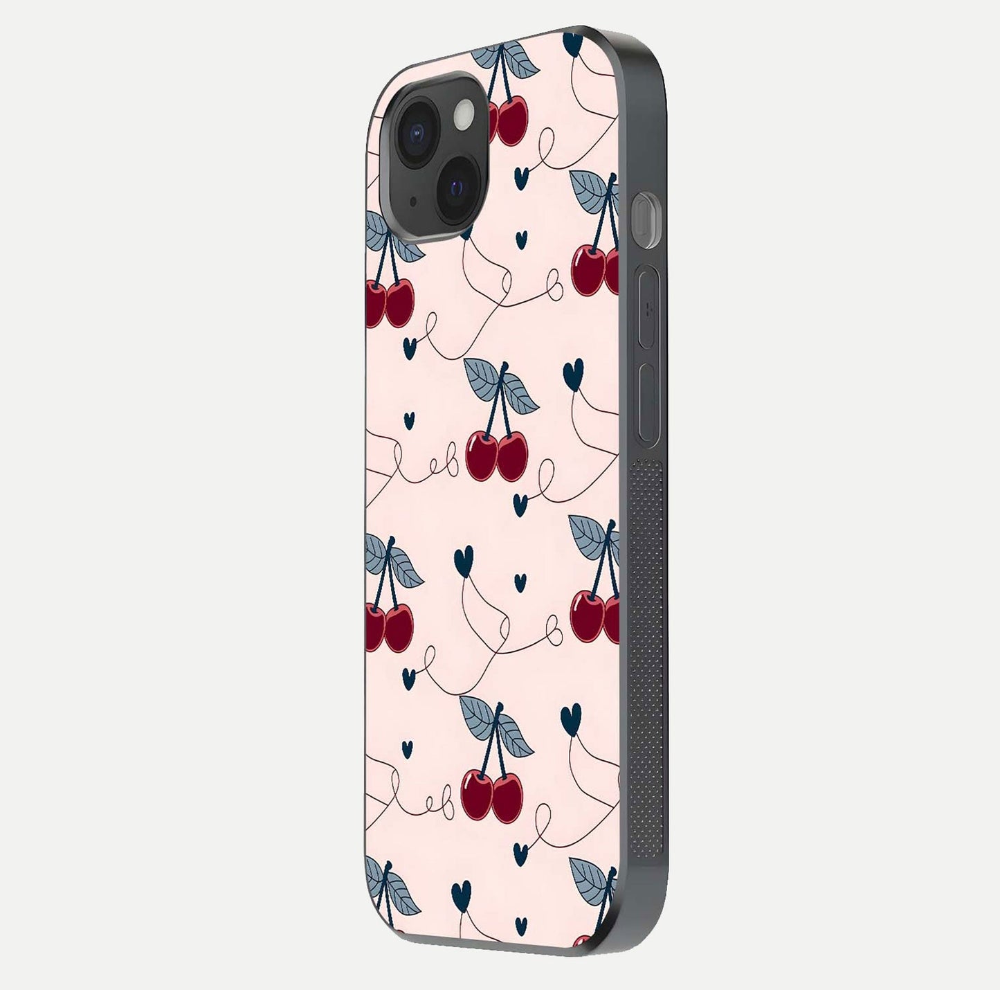 Cherry Heart Line Glass Case for iPhone 15 Plus side-angle view capturing smooth curves and shine effect