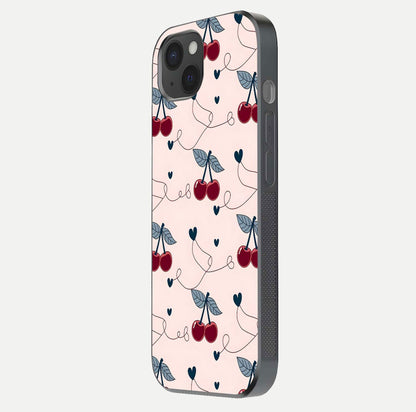 Cherry Heart Line Glass Case for iPhone 15 Plus side-angle view capturing smooth curves and shine effect