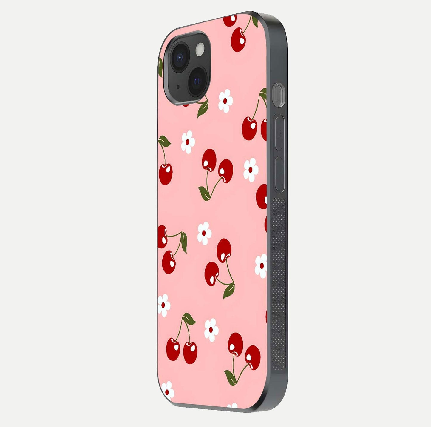 Cherry Love Mood Glass Case for iPhone 15 Plus side-angle image capturing smooth gloss and delicate details