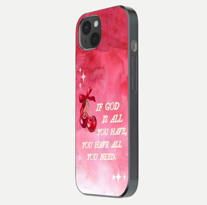 Cherry Quote Glass Case for iPhone 15 Plus side-angle image showing curve glow and glass detail