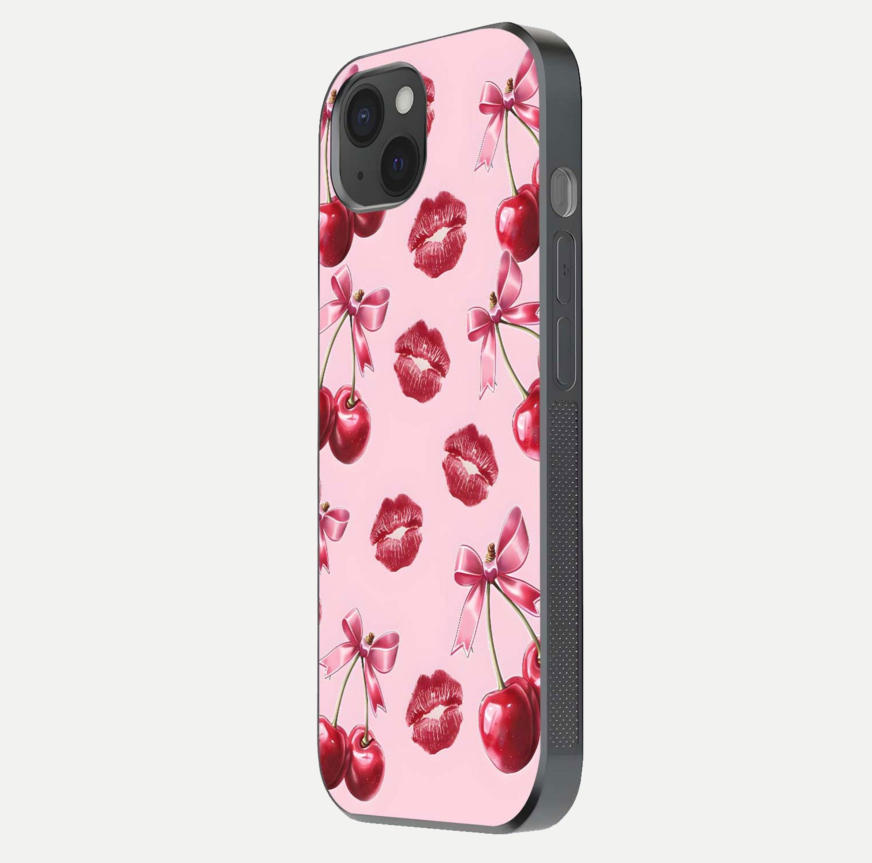 Cherry With Lips Glass Case for iPhone 15 Plus side-angle image showing gloss reflection and fine details