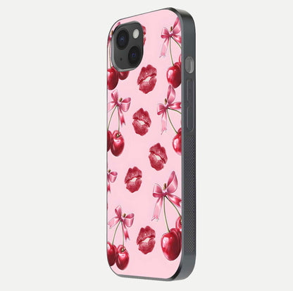 Cherry With Lips Glass Case for iPhone 15 Plus side-angle image showing gloss reflection and fine details