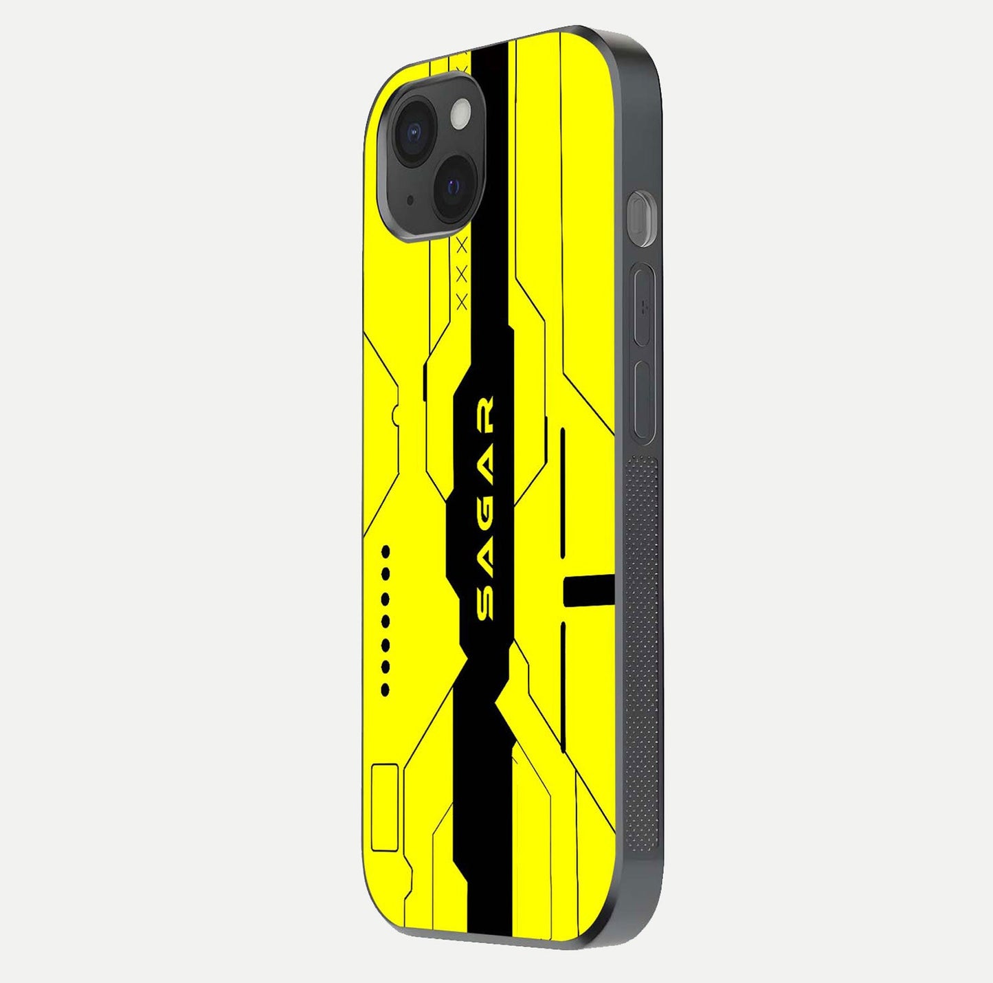 Circuit CYBERPUNK Custom Name Glass Case for iPhone 15 Plus side-angle image showing reflective finish and design precision
