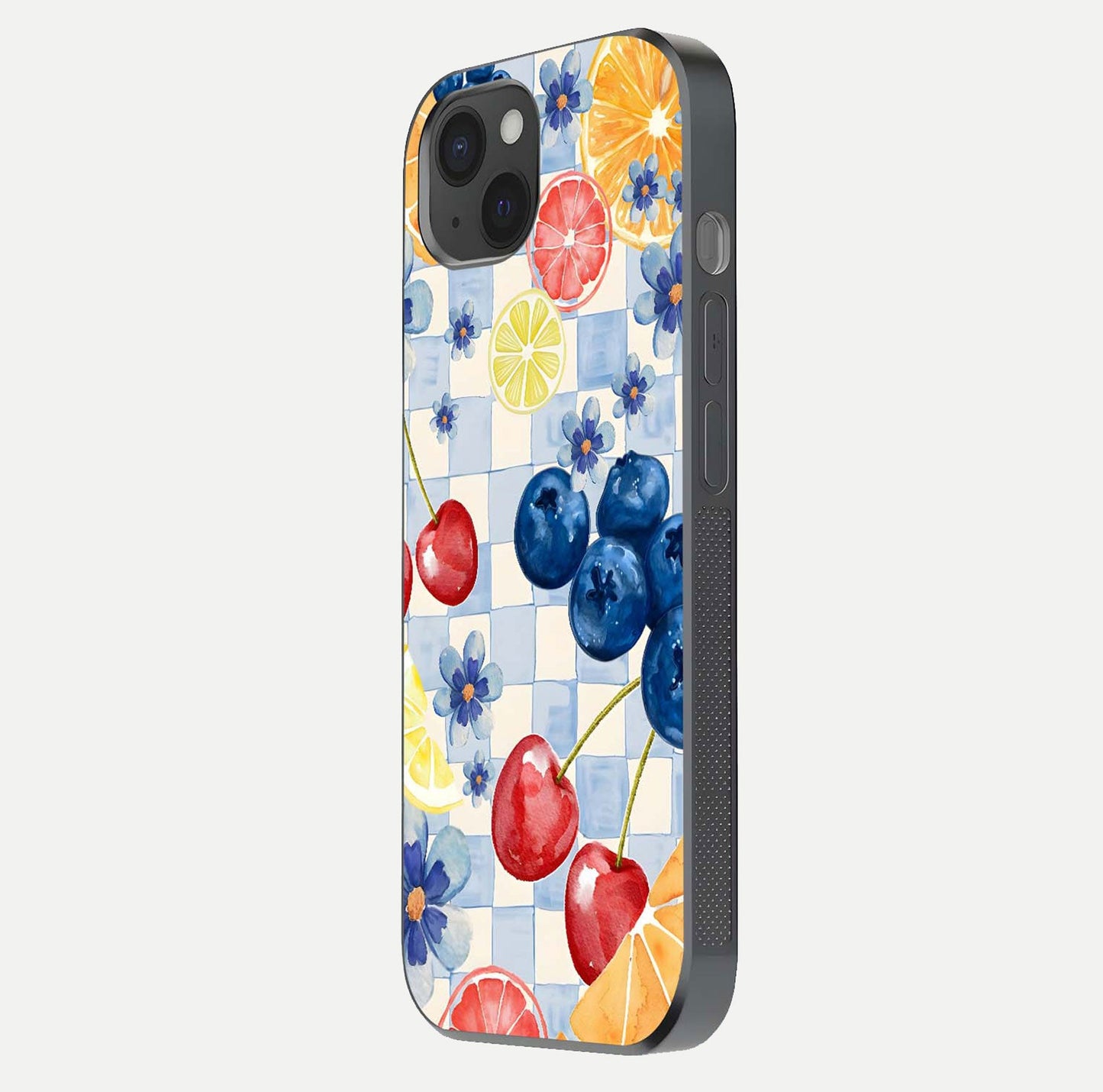Citrus Bloom Joy Glass Case for iPhone 15 Plus side-angle photo capturing bright color and glass reflection