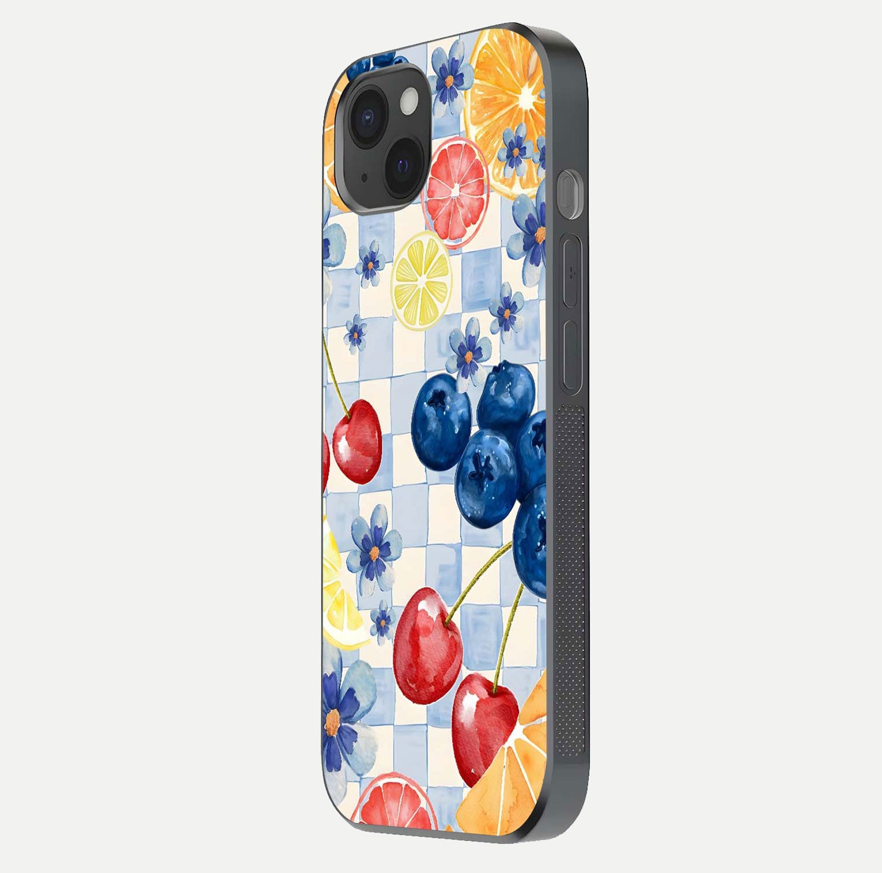 Citrus Bloom Joy Glass Case for iPhone 15 Plus side-angle photo capturing bright color and glass reflection