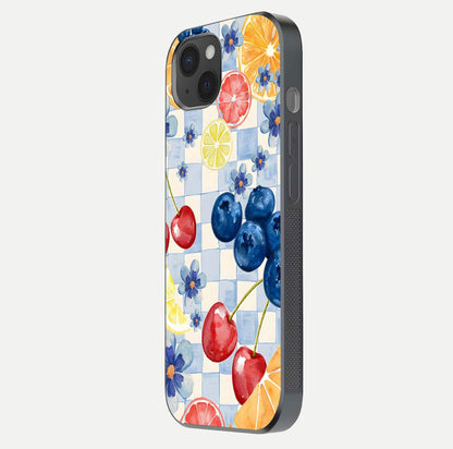 Citrus Bloom Joy Glass Case for iPhone 15 Plus side-angle photo capturing bright color and glass reflection