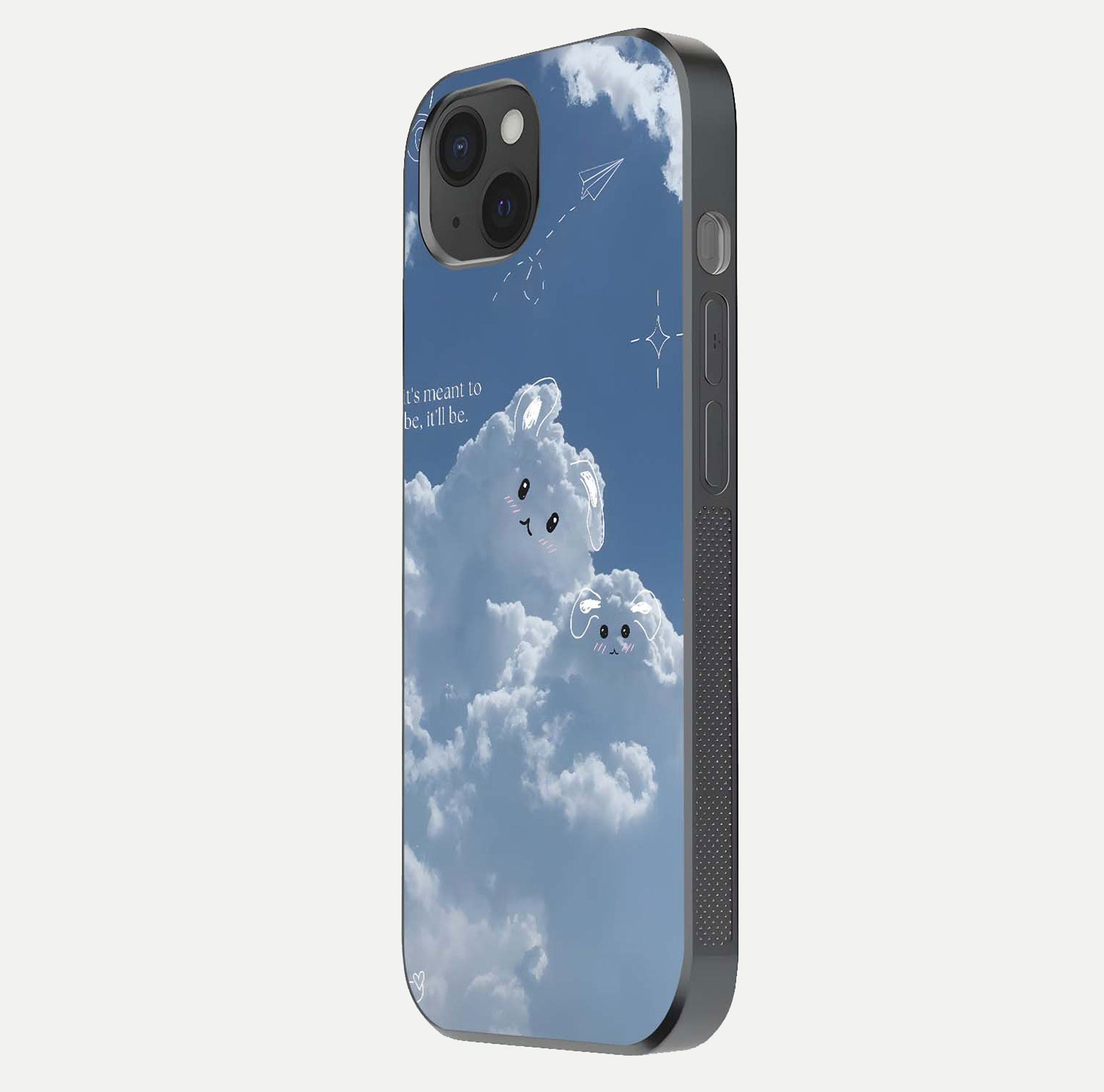 Cloud Bunny Dreams Glass Case for iPhone 15 Plus side-angle image capturing gloss texture and edge glow