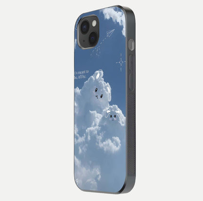Cloud Bunny Dreams Glass Case for iPhone 15 Plus side-angle image capturing gloss texture and edge glow