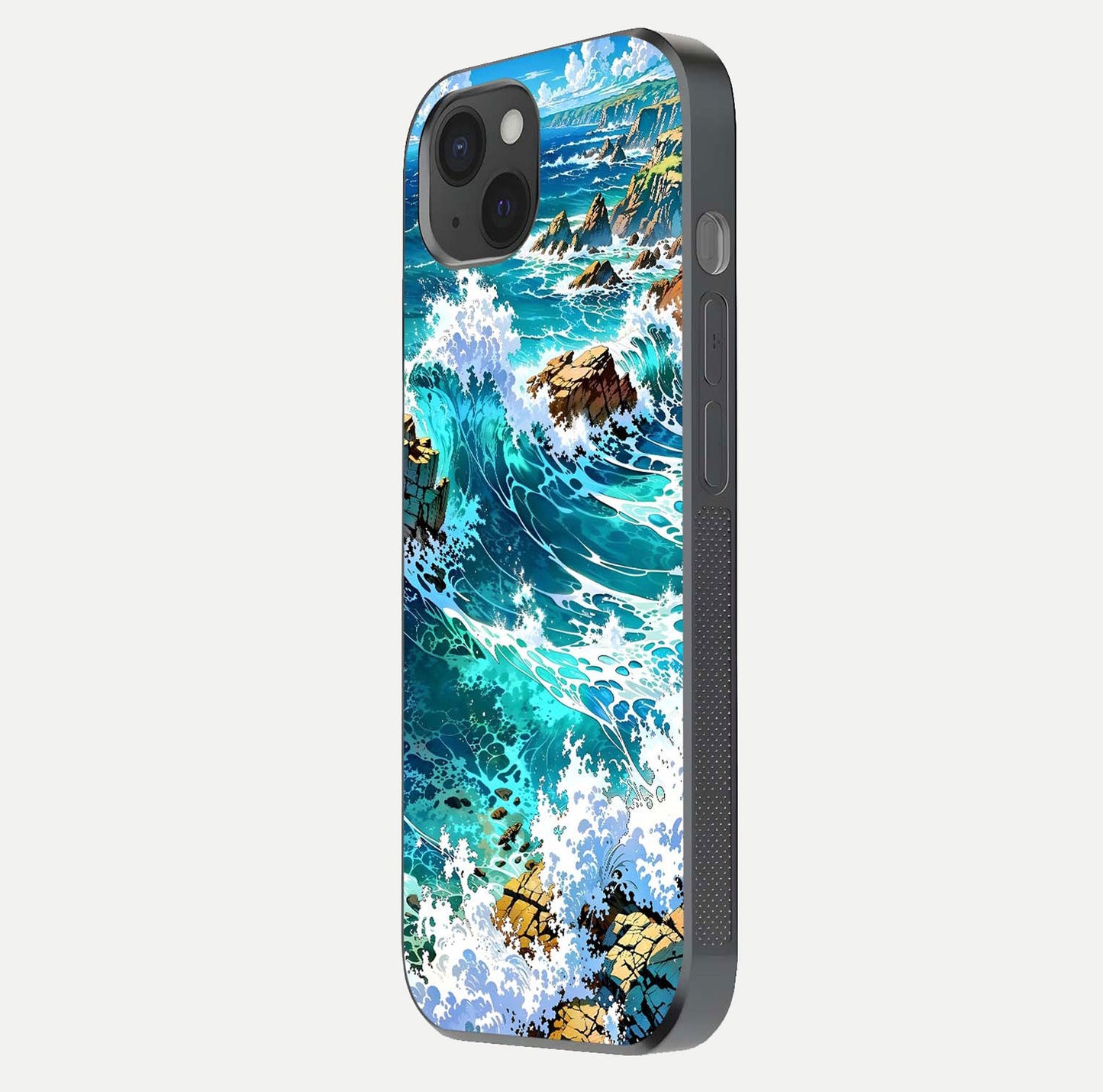 Coastal Blue Waves Glass Case for iPhone 15 Plus side-angle photo showing gloss texture and color depth