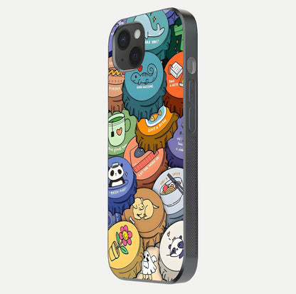 Coins Patterns Glass Case for iPhone 15 Plus side-angle photo capturing shine finish and curve glow