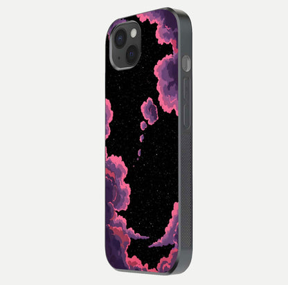 Cosmic Cloud Journey Glass Case for iPhone 15 Plus side-angle photo showing glass reflection and smooth tone