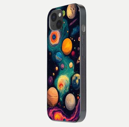 Cosmic Planet Journey Glass Case for iPhone 15 Plus side-angle image capturing smooth gloss and reflective edges