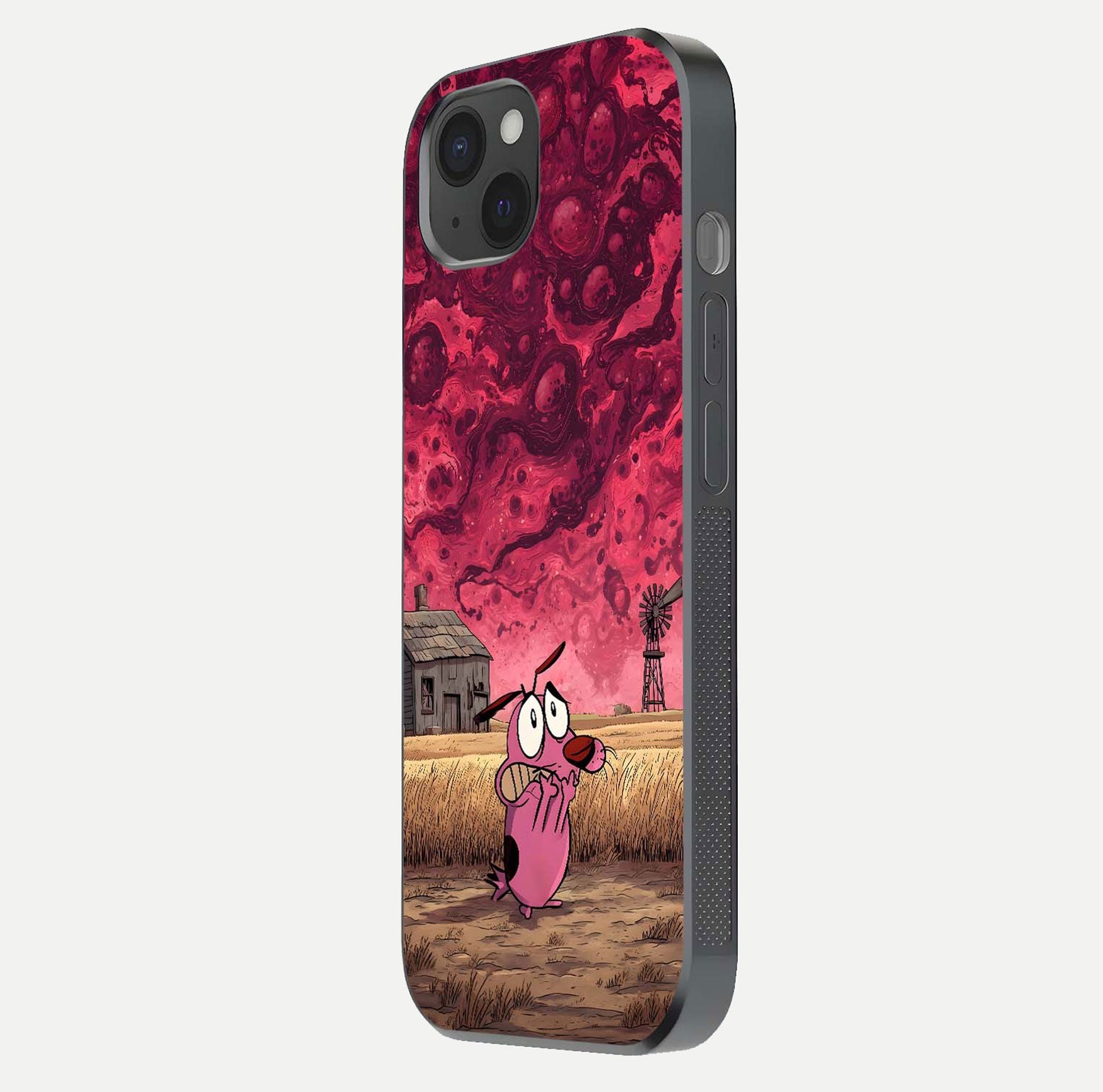 Courage Under Sky Glass Case for iPhone 15 Plus side-angle photo showing gloss tone and curve highlight