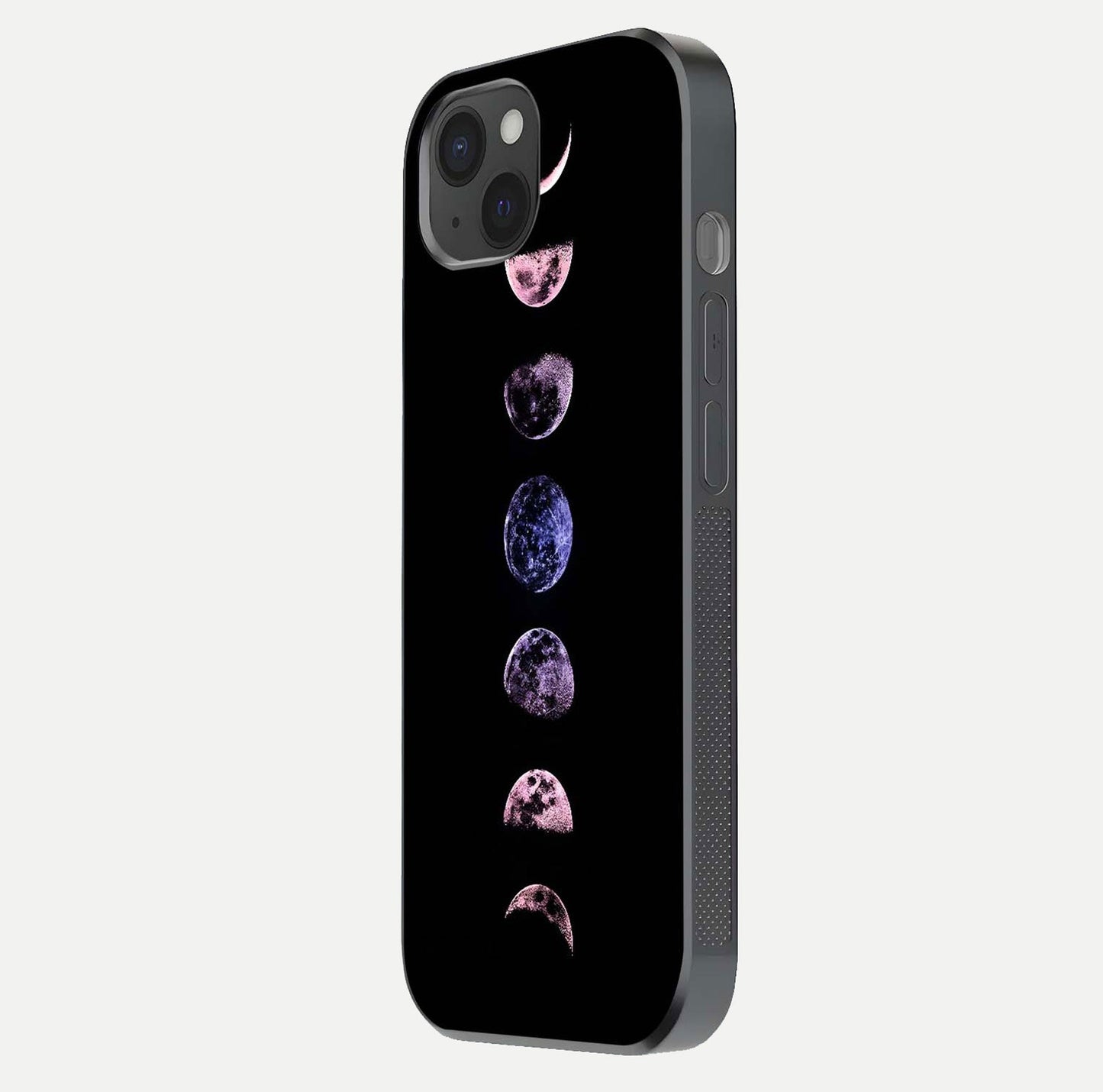 Crimson All Planets Glass Case for iPhone 15 Plus side-angle photo capturing edge glow and glass reflection