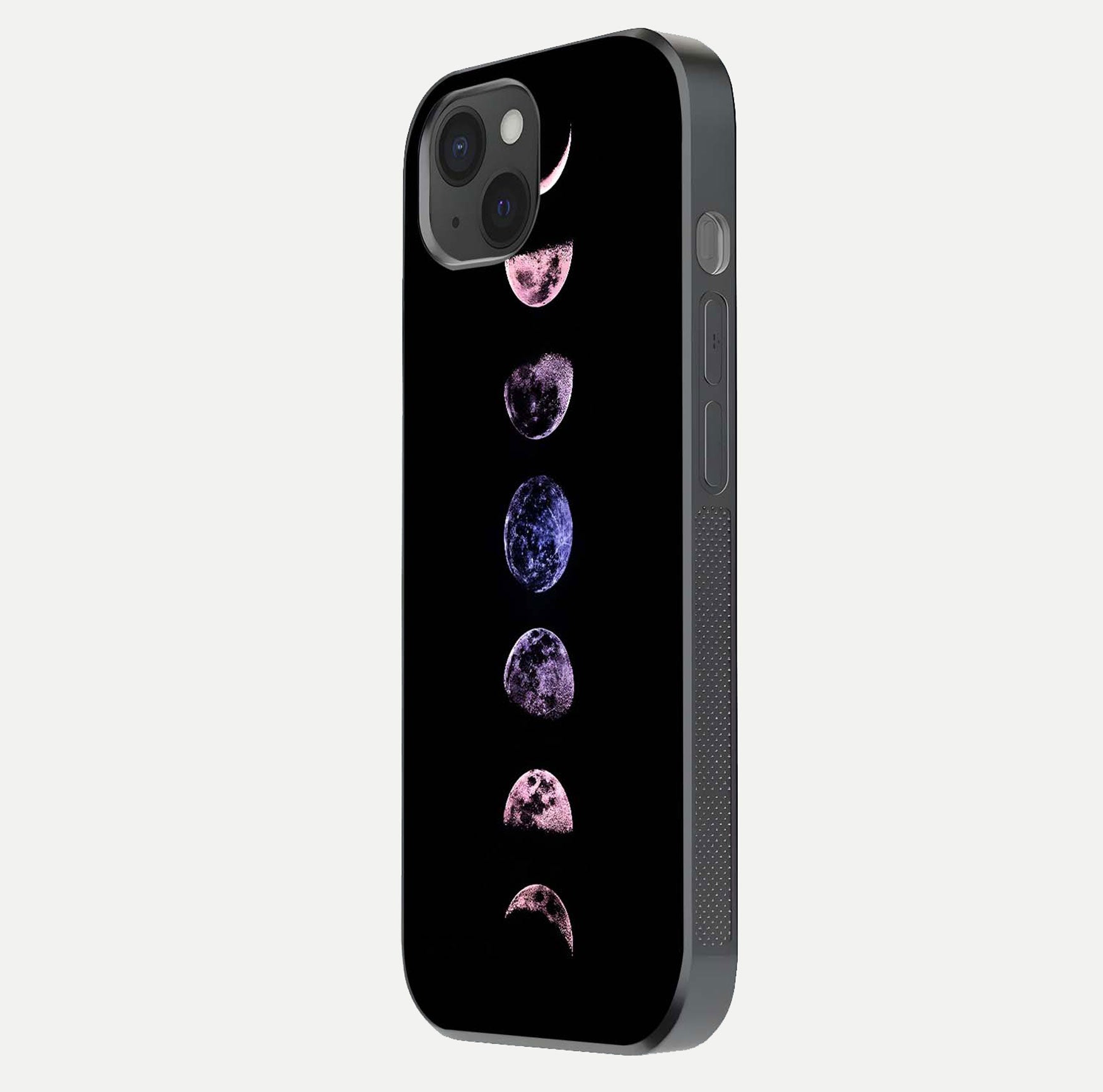 Crimson All Planets Glass Case for iPhone 15 Plus side-angle photo capturing edge glow and glass reflection