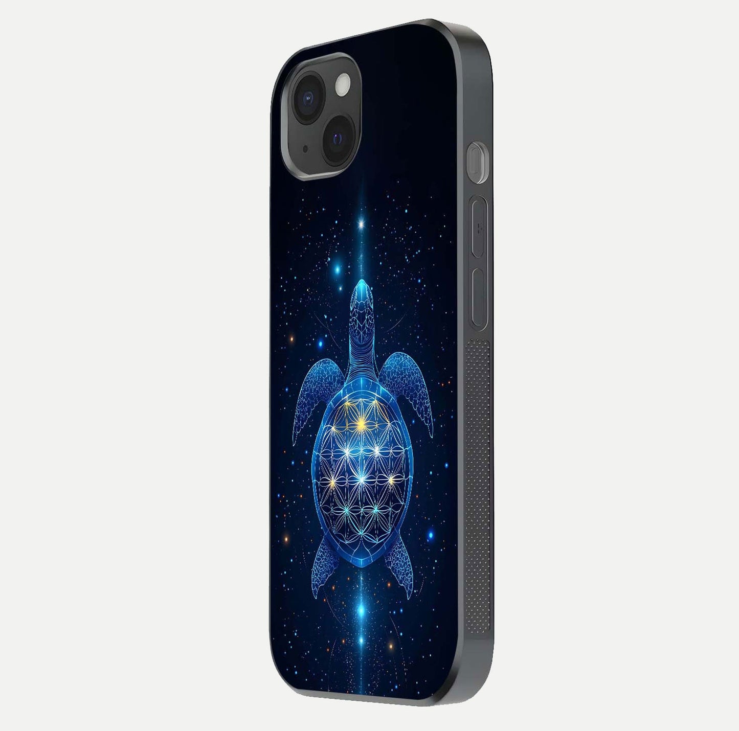 Crimson Blue Turtle Glass Case for iPhone 15 Plus side-angle photo showing curved edge and glass gloss
