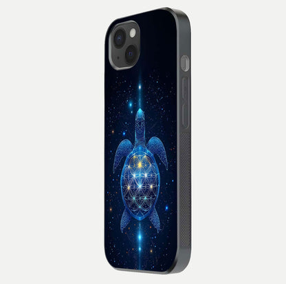 Crimson Blue Turtle Glass Case for iPhone 15 Plus side-angle photo showing curved edge and glass gloss