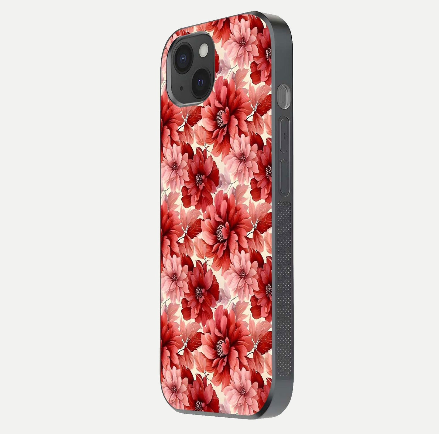 Crimson Love Petals Glass Case for iPhone 15 Plus side-angle photo showing reflection glow and edge clarity