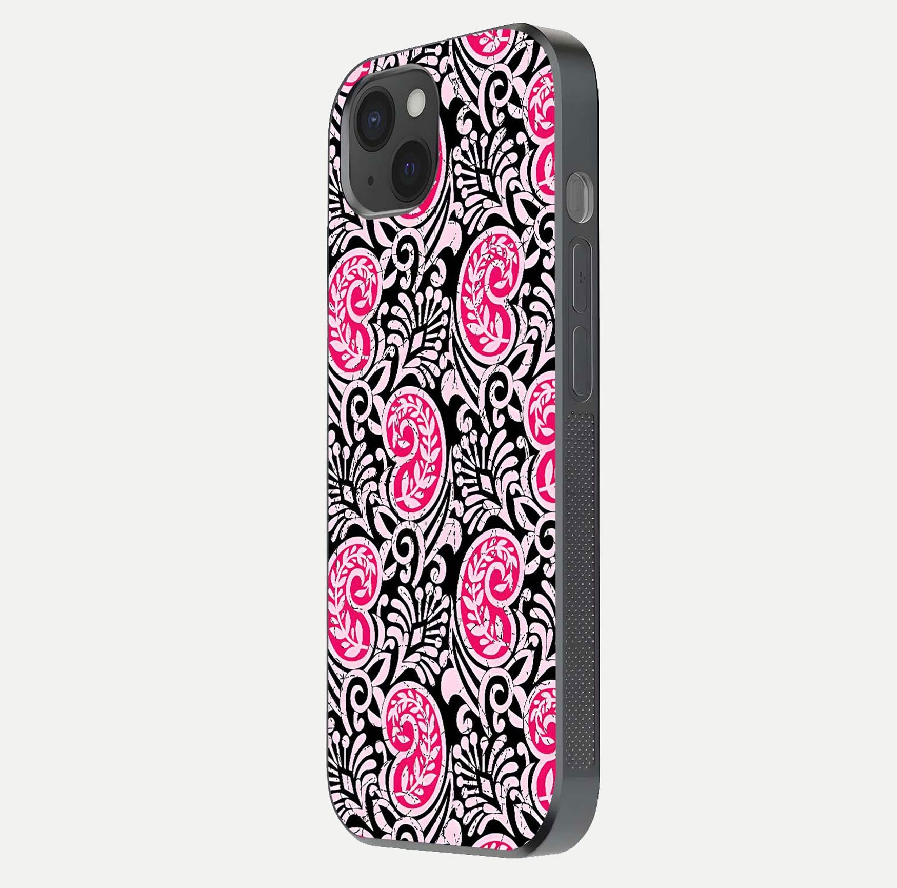 Crimson Paisley Charm Glass Case for iPhone 15 Plus side-angle image showing reflection and smooth edges
