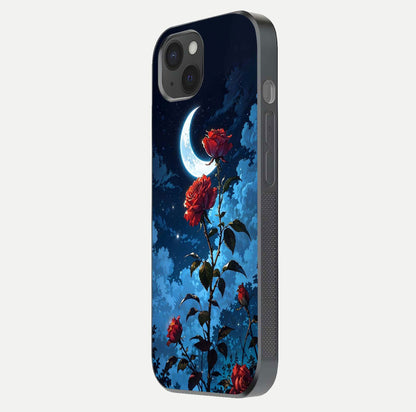 Crimson Rose Moon Glass Case for iPhone 15 Plus side-angle photo showing reflective texture and smooth curve