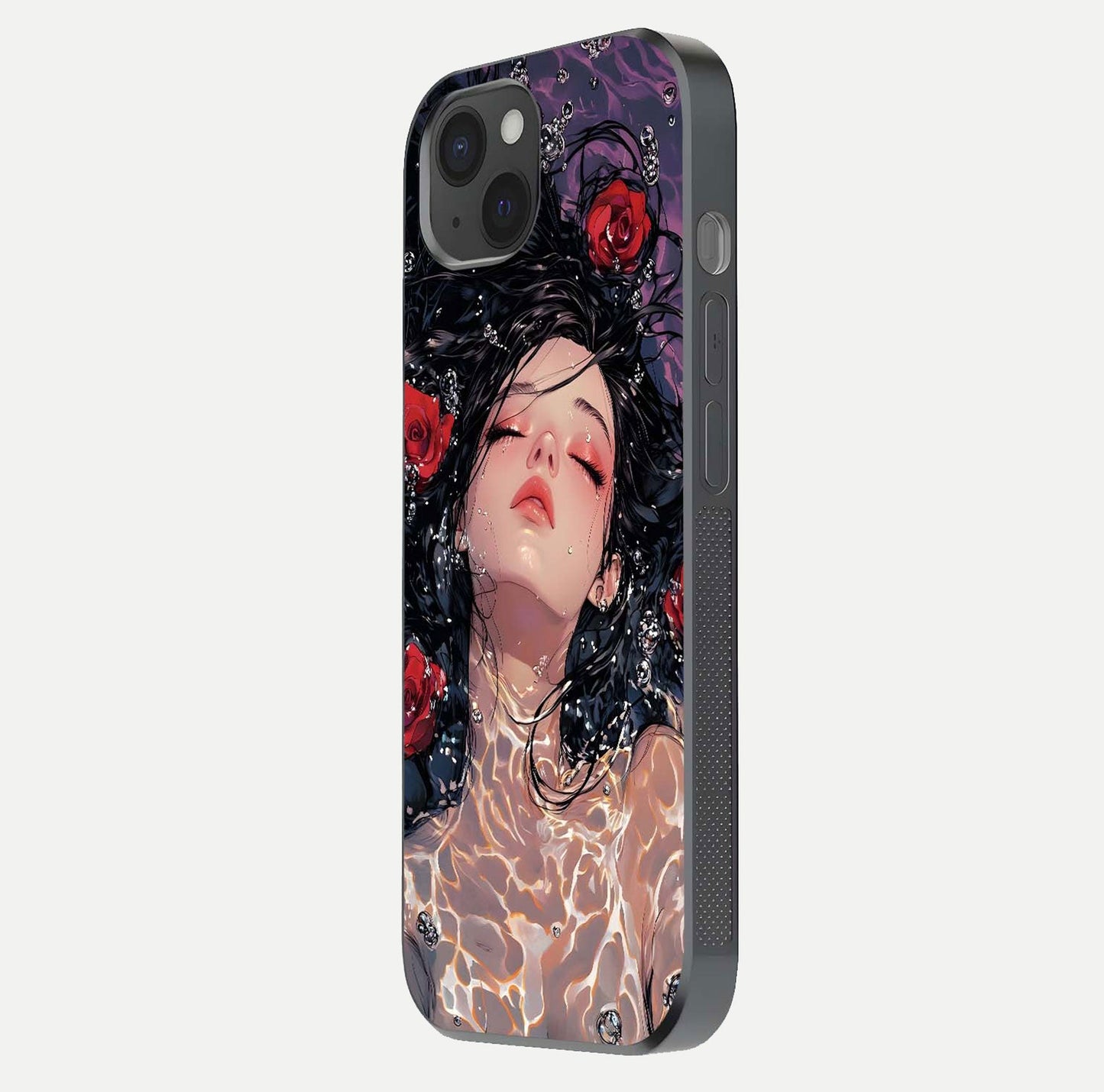 Crimson Rose Serenity Glass Case for iPhone 15 Plus side-angle photo showing glass reflection and soft edges