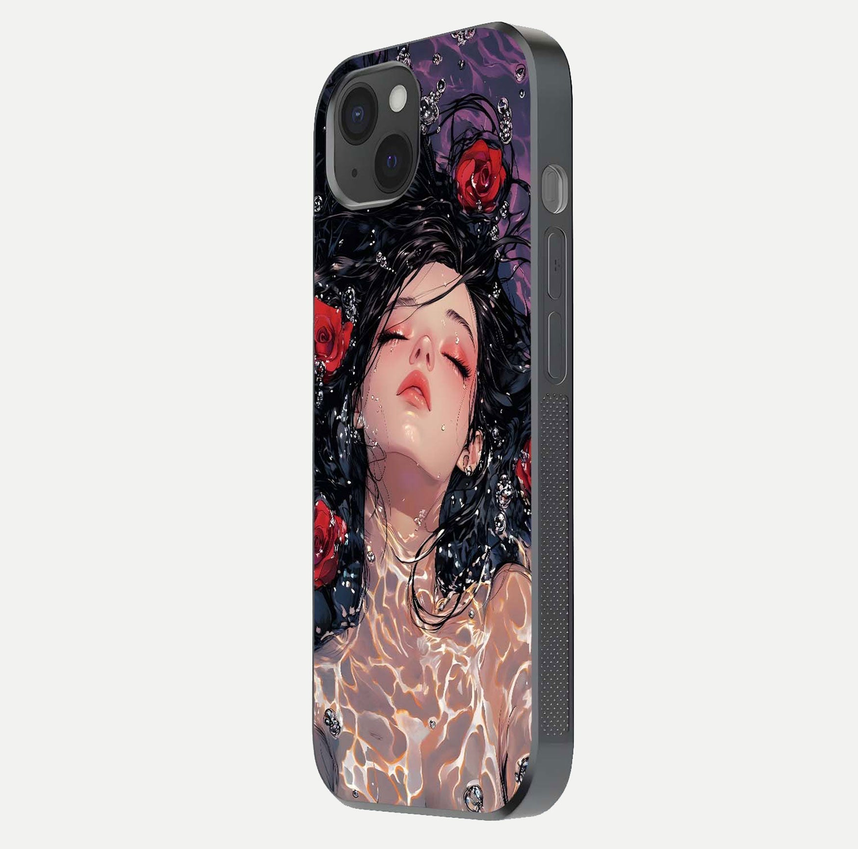 Crimson Rose Serenity Glass Case for iPhone 15 Plus side-angle photo showing glass reflection and soft edges